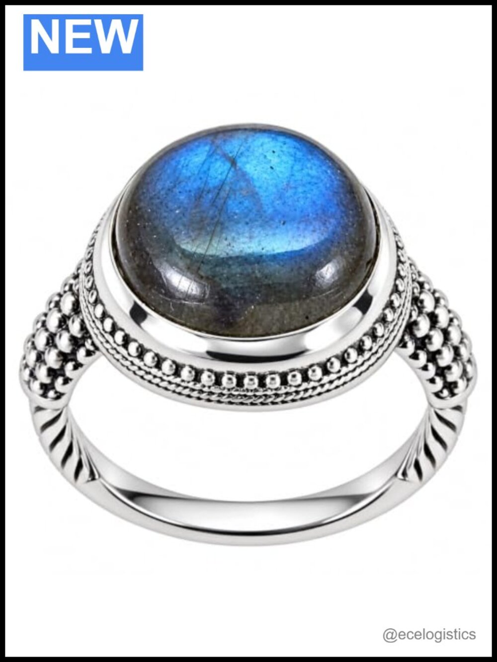 925 Solid Sterling Silver Labradorite Ring Dotted & Rope Vintage